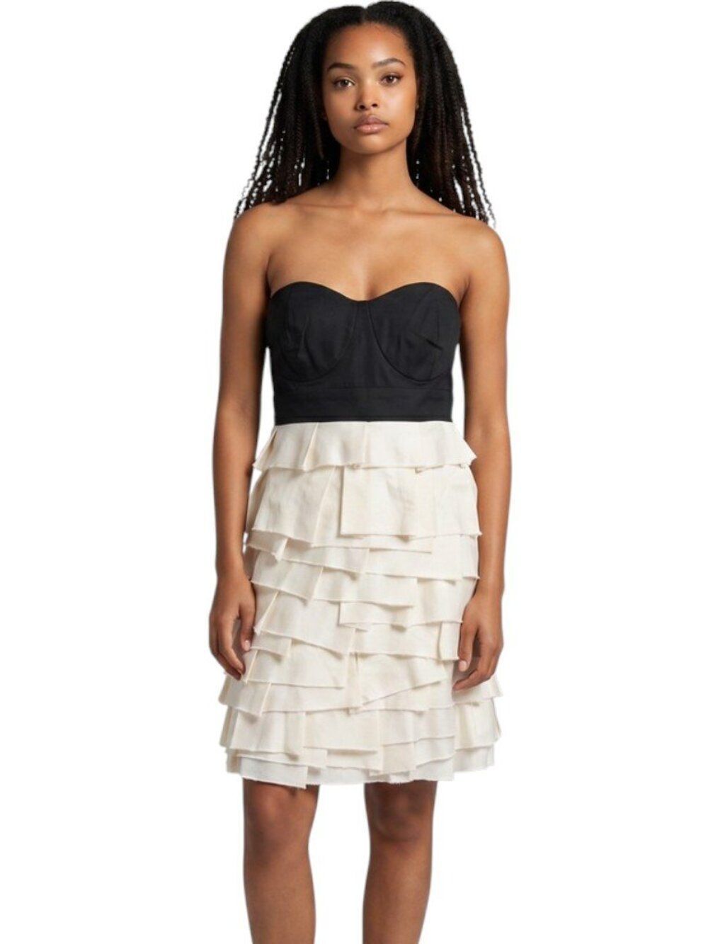 Papaya Strapless Tiered Ruffle Bustier Cocktail Dress Black Ivory Size Medium